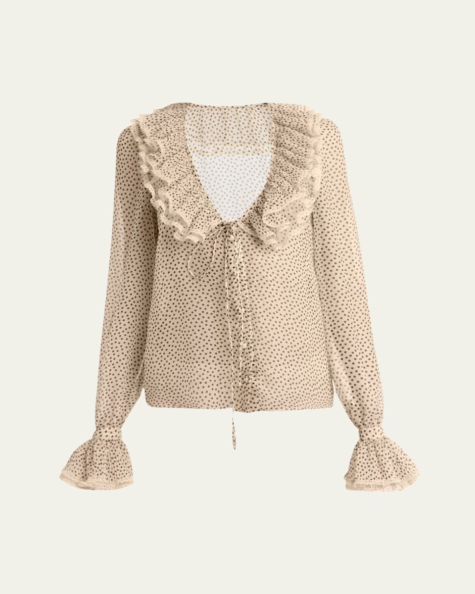 Micro Polka Dot Ruffle Chiffon Blouse